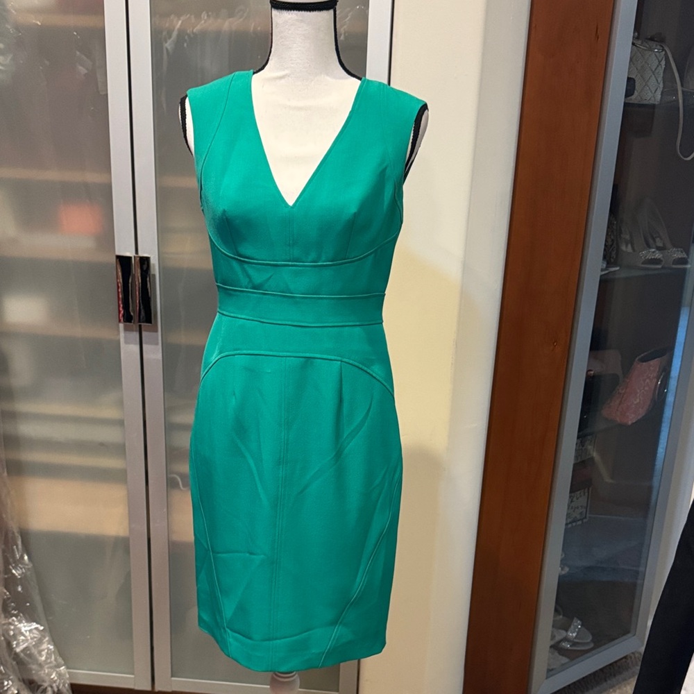 Adrianna Papell Teal V-Neck Sheath Midi Dress